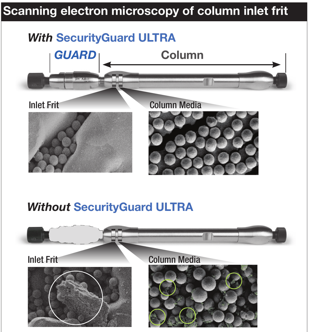 Figure 1. Scanning electron microscopy of non-contaminated and contaminated column inlet frit.